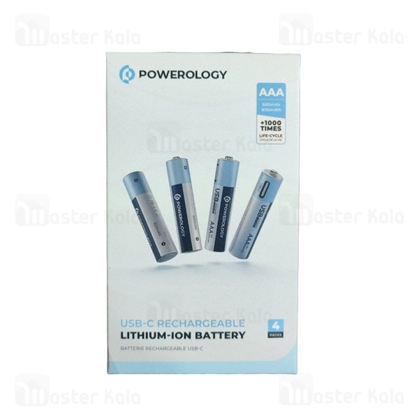 پک 4 تایی باتری نیم قلمی شارژی پاورولوژی Powerology AAA Rechargeable Battery PRUBAAA4