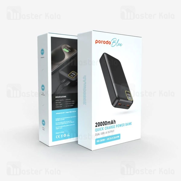 پاوربانک 20000 پرودو Porodo Blue Quick Charge Power Bank PB-22WPB20K توان 22.5 وات