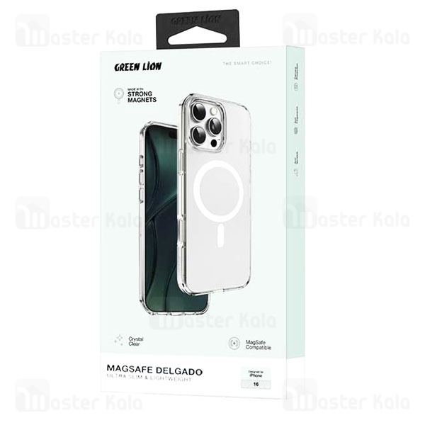 قاب محافظ مگ سیف گرین لاین آیفون Apple iPhone 16 Green Lion Magsafe Delgado Clear Case