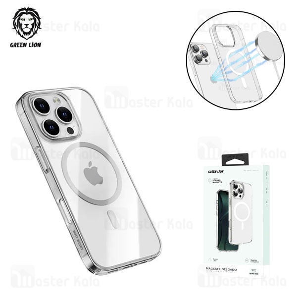 قاب محافظ مگ سیف گرین لاین آیفون Apple iPhone 16 Pro Max Green Lion Magsafe Delgado Clear Case