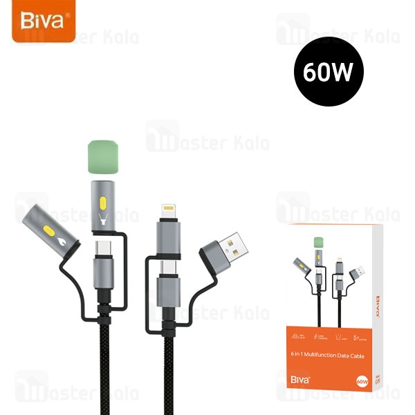 کابل چندکاره بیوا Biva C-39 6 in 1 Multifunction Data Cable طول 1.2 متر توان 60 وات