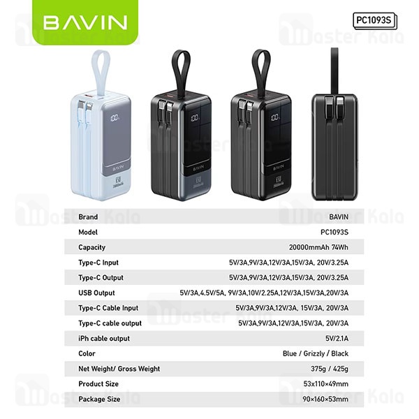 پاوربانک 20000 باوین Bavin PC1093S Fast Charge