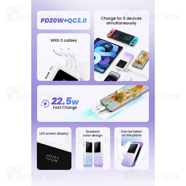 پاوربانک 10000 یوسمز USAMS CD193 توان 22.5 وات با کابل متصل