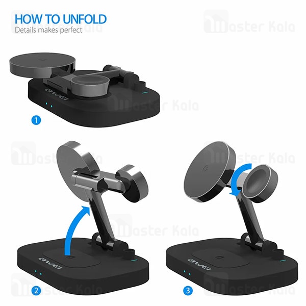 استند و شارژر وایرلس چندکاره اوی Awei W22 4 in 1 توان 15 وات با قابلیت شارژ اپل واچ