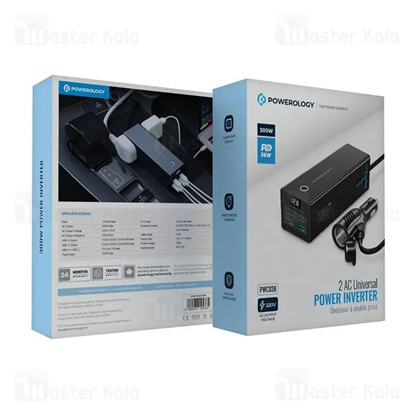 شارژر فندکی و چند راهی برق خودرو پاورولوژی Powerology 300W Power Inverter PD36W PWCUQC038 توان 36 وات