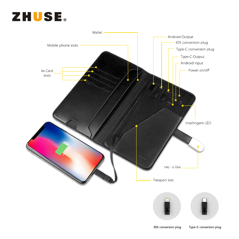 پاوربانک 10000 میلی آمپر و کیف چرمی و فلش مموری Zhuse Glory Series PB-032
