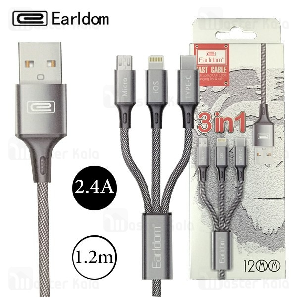 کابل شارژ سه سر ارلدام Earldom EC-iMC17 3-in-1 Charge Cable توان 2.4 آمپر