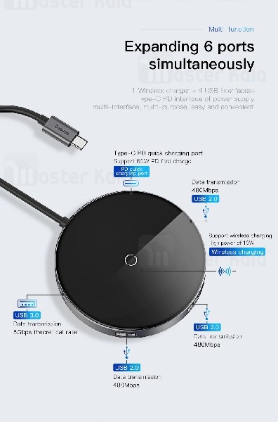 شارژر وایرلس و هاب  Baseus Circular Mirror Wireless Charger HUB 10W