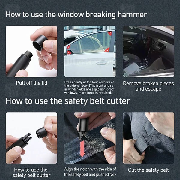 چکش اضطراری بیسوس Baseus Sharp Tool Safety Hammer CRSFH-0G دارای کاتر کمربند