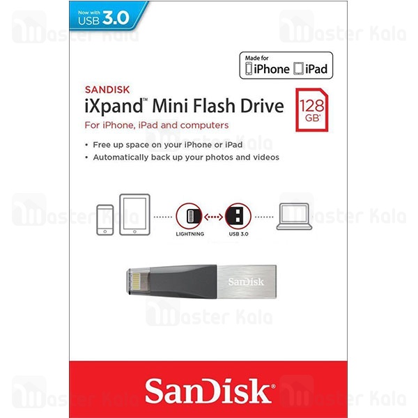 فلش مموری 128 گیگابایت لایتنینگ آیفون سن دیسک Sandisk iXPAND Mini Lightning and USB3.0