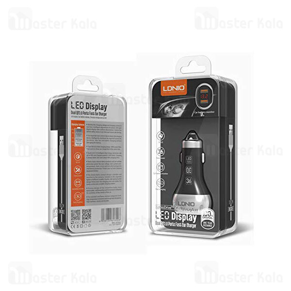 شارژر فندکی فست شارژ الدینیو LDNIO C2 LED Display Fast Car Charger 36W توان 36 وات همراه با کابل