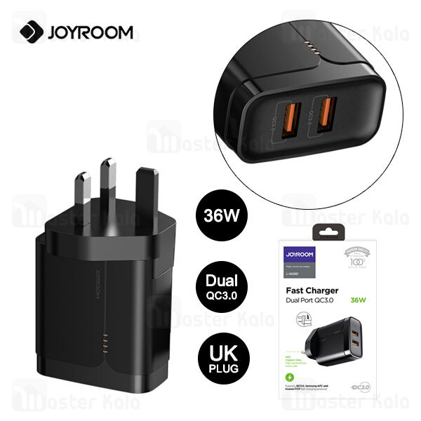 شارژر دیواری جویروم Joyroom Dual Port Travel Charger L-QQ361 36W QC UK Plug توان 3 آمپر