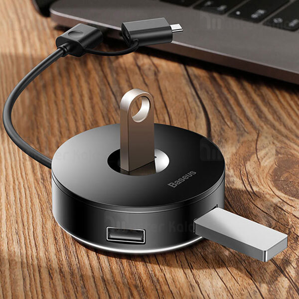 هاب 4 پورت دو کاره بیسوس Baseus Round Box Hub Adapter USB 3.0 And Type C CAHUB-GB01 طول 12 سانتی متر