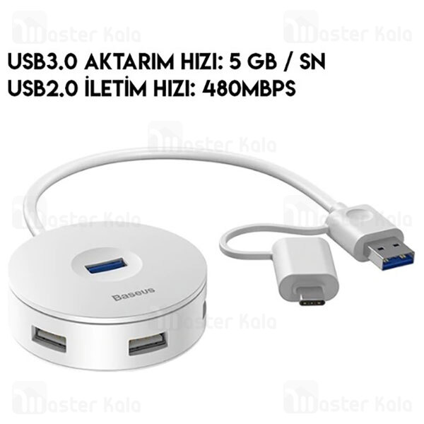 هاب 4 پورت دو کاره بیسوس Baseus Round Box Hub Adapter USB 3.0 And Type C CAHUB-GB01 طول 12 سانتی متر