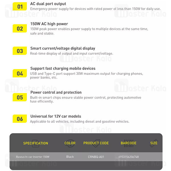 چند راهی بیسوس Baseus In-car Inverter 150W CRNBQ-A01 EU CN Plug 220V ولتاژ 220 ولت