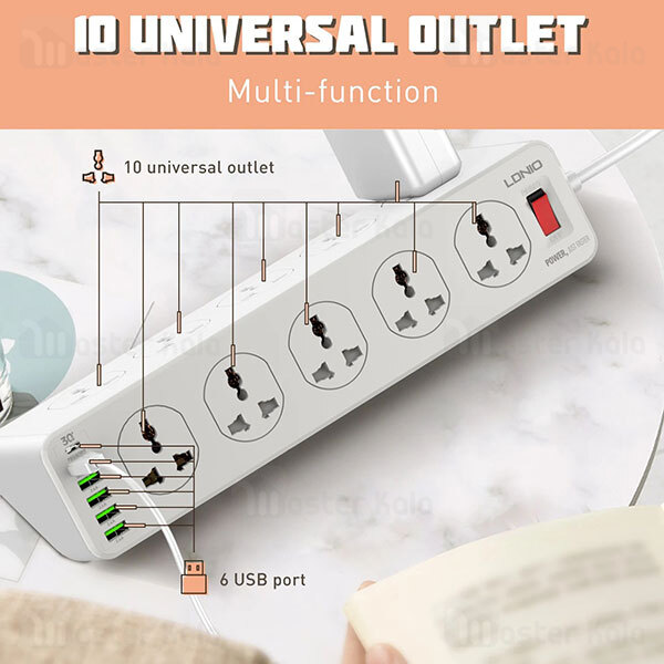 چند راهی برق LDNIO SC10610 5 USB And 1 Type C QC3.0 PD Power Strip