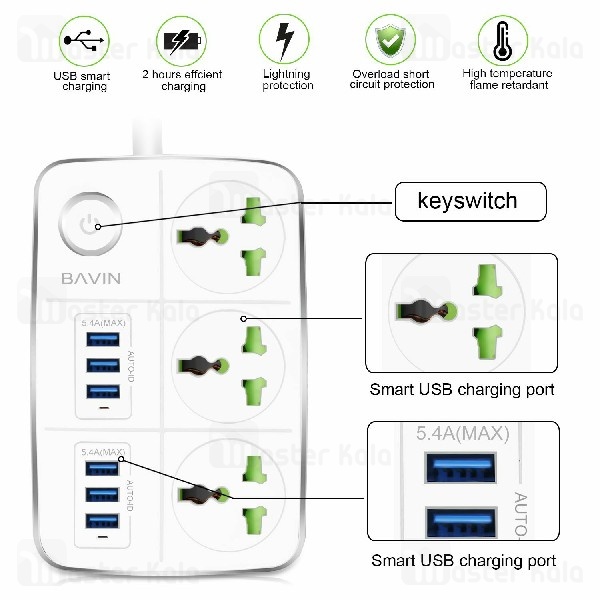 سه راهی برق و شارژ باوین Bavin PC588 Power Strip دارای 6 پورت USB