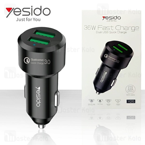 شارژر فندکی فست شارژ یسیدو Yesido Y26 QC3.0 Car Charger همراه با کابل