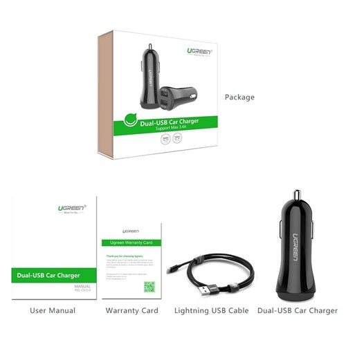 شارژر فندکی 2 پورت یوگرین UGREEN CD114 با لایتنینگ آیفون