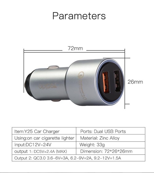 شارژر فندکی فست شارژ 2 پورت Qualcomm 3.0 یسیدو yesido Y25