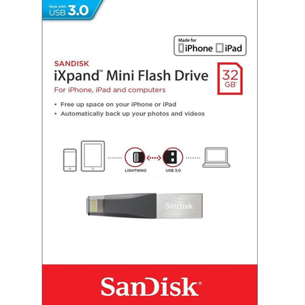 فلش مموری 32 گیگابایت لایتنینگ آیفون سن دیسک Sandisk iXPAND Mini Lightning and USB3.0