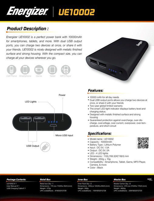 پاوربانک 10000 میلی آمپر انرجایزر مدل UE10002