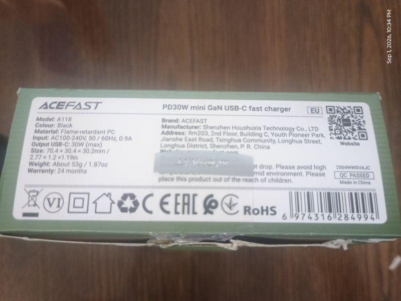 شارژر دیواری ایس فست ACEFAST A118 PD30W GaN Fast Charger توان 30 وات